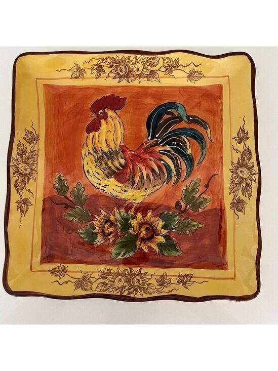 Maxcera Corp Other - MAXCERA CORP Orange Rooster Square Plate Sunflowers Floral Edge Pattern Farmcore